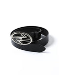 Double Layer Cowhide Belt Metal Logo Buckle Futuristic Waist Belt
