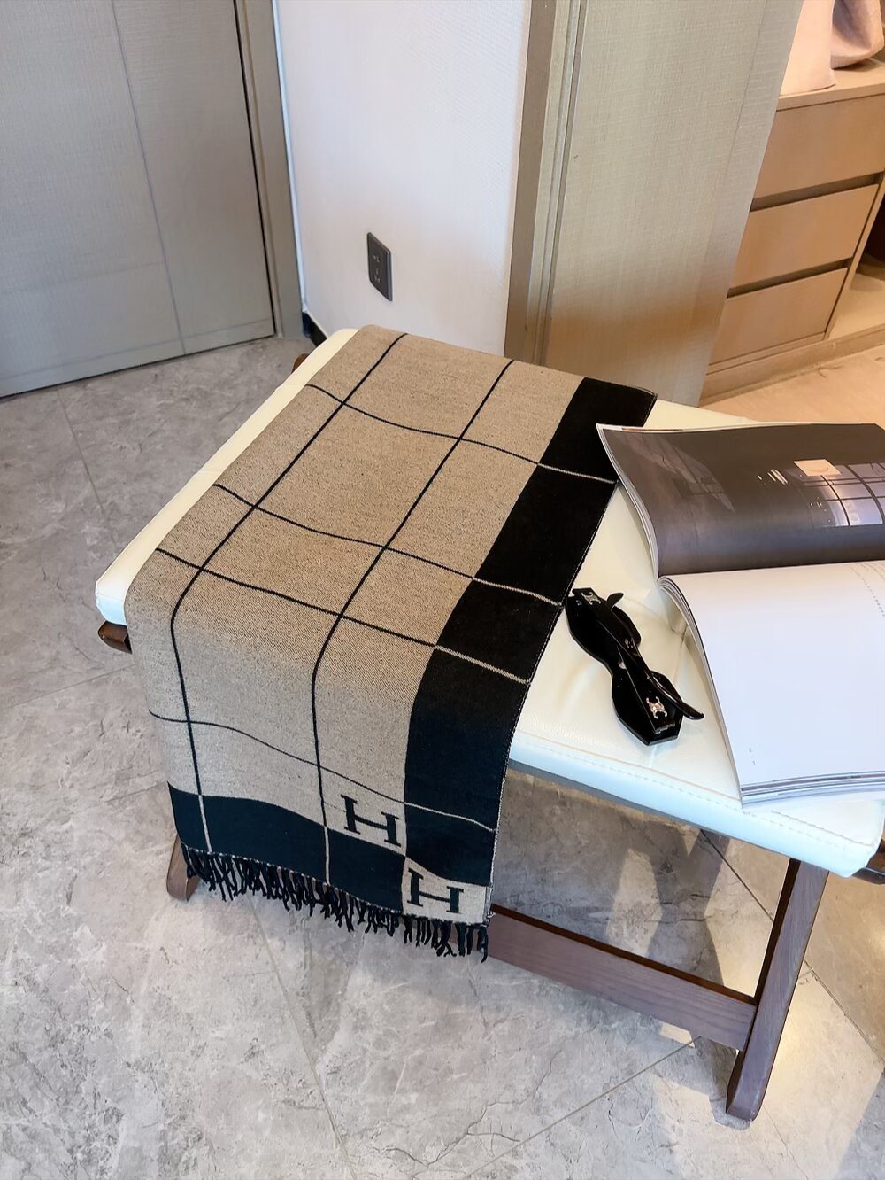 Hermès Light Beige and Black Grid Fringed Scarf