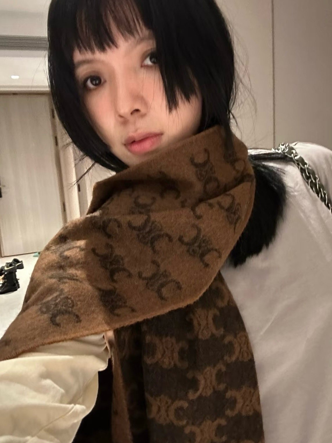 Celine Brown Patterned Fringed Scarf